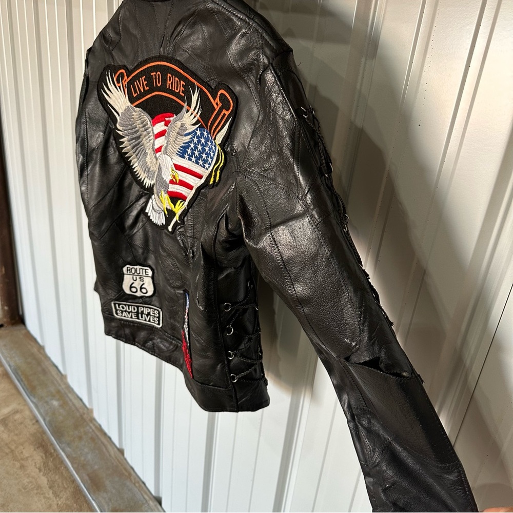 Vintage Mens Diamond Plate Buffalo Motorcycle Black Leather Patch Jacket Medium - Picture 6 of 10